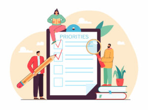 tiny people doing priorities checklist flat vector illustration